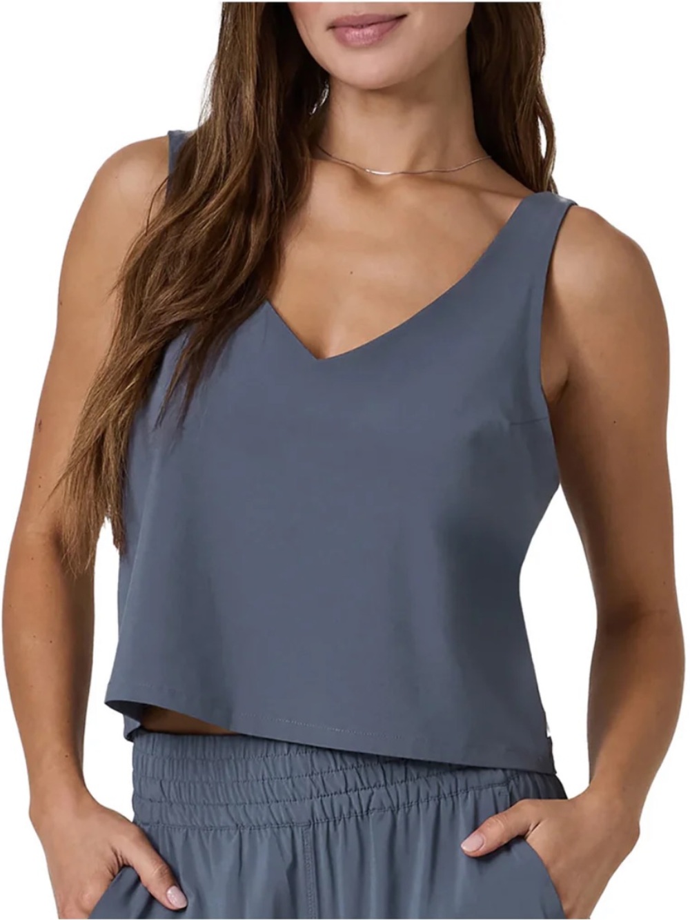 Vuori V-Neck Cropped Tank Top in Slate Blue